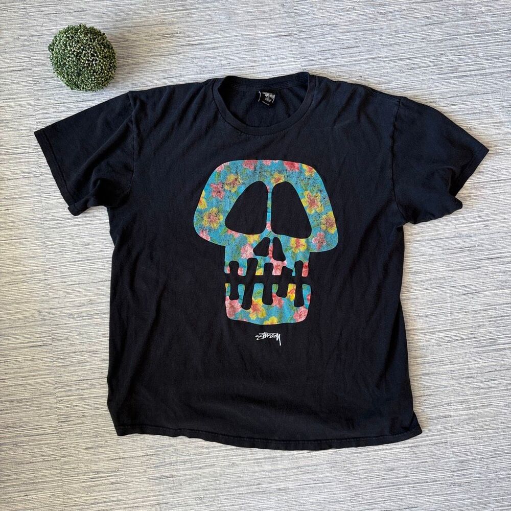 Vintage Stussy Floral Skull Graphic T-Shirt Black Size Large